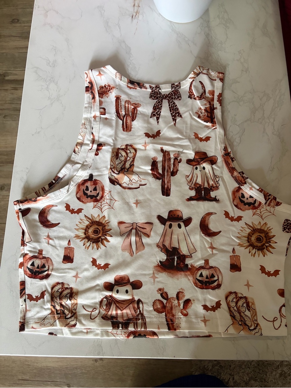 Off-the-Shoulder Halloween Print Crop Sweater - Cream/Orange